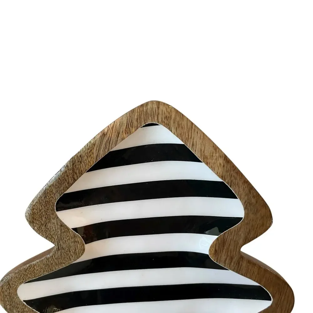 Wooden Christmas Tree Striped Platter 15in Black White Striped Made in India NEW
